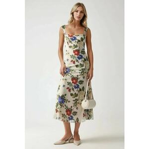 Rochie maxi - imprimeu - guler inima - bej - tul imagine