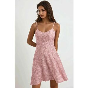 Rochie mini - imprimeu floral - decolteu in V - roz - bumbac imagine