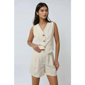 Set doua piese - vesta cu decolteu in V si pantaloni scurti - bej - bumbac imagine