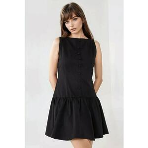 Rochie mini fara maneci - in A - cu nasturi - negru - textil imagine