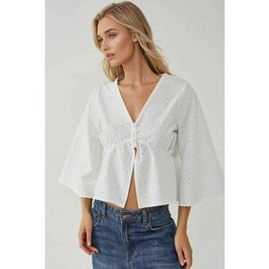 Bluza dama - scurta texturata - decolteu in V - alb - textil imagine