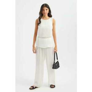 Bluza dama - plisata - decolteu rotund - curea - alb - textil imagine