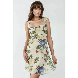 Rochie mini - tul cu imprimeu - decolteu inima - bej imagine