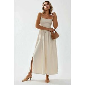 Rochie maxi - forma de A - decolteu patrat - bej - textil imagine