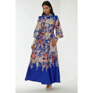 Rochie maxi maneca lunga - imprimeu - albastru - material textil imagine