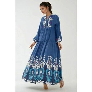 Rochie maxi maneca lunga - imprimeu - albastra/alb - viscoza imagine