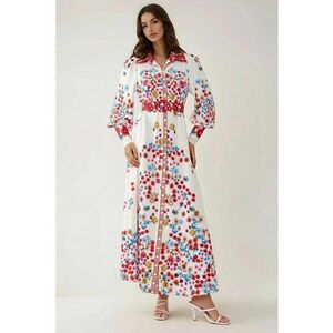 Rochie maxi - imprimeu - guler camasa - multicolor - textil imagine