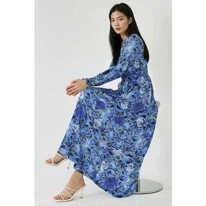 Rochie maxi - imprimeu floral - maneci lungi - albastra - jerseu imagine