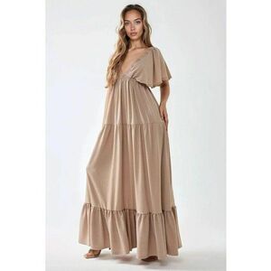 Rochie maxi - texturata - decolteu in V - maro - textil imagine