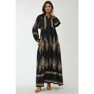 Rochie maxi imprimeu - maneca lunga - negru - viscoza imagine