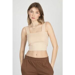 Top crop - decolteu patrat - bej - textil imagine