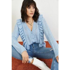 Cardigan dama - jacquard - maneca lunga - albastru - tricot - imagine