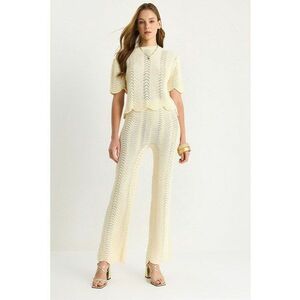 Set tricou si pantaloni dama - tricotaj cu dungi - talie inalta - crem - imagine