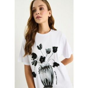 Tricou dama guler rotund - imprimeu cu paiete - alb - jerseu imagine