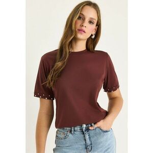 Tricou dama maneca scurta - guler rotund brodat - maro - jerseu imagine