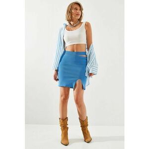 Fusta mini - talie inalta - crapatura - albastra - textil - imagine