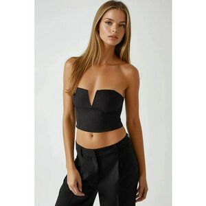 Top scurt - fara bretele - cu incretituri - negru - textil imagine