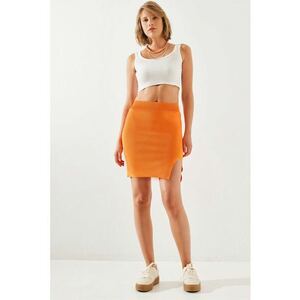 Fusta mini - talie inalta - crapatura - mandarina - textil - imagine