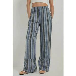 Pantaloni pentru dama largi - cu imprimeu - textil - albastru imagine