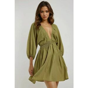 Rochie mini decolteu in V - maneci lungi - verde - textil imagine