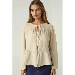 Bluza dama - bluza din muselina - maneca lunga - bej - textil imagine