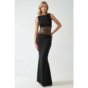 Rochie maxi - mulata - detalii dantelate - neagra - jerseu imagine
