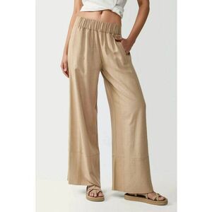 Pantaloni pentru dama - cu talie elastica - croiala larga - textil - bej imagine