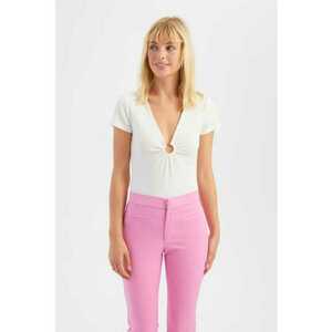 Top cu decolteu in V - maneca scurta - detaliu incretit - Alb - textil imagine