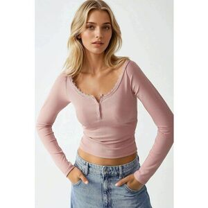 Top - slim fit - maneca lunga - roz - jerseu imagine