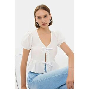 Bluza dama - maneca scurta - legaturi in fata - decolteu in V - Alb - bumbac si poliester imagine