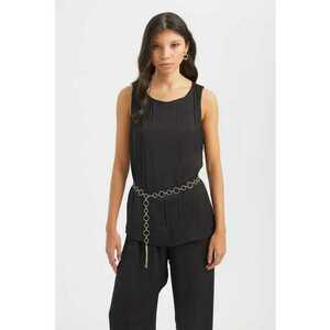 Bluza dama - plisata - decolteu rotund - curea - negru - textil imagine