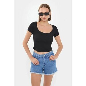 Top scurt dama - decolteu rotund - negru - jerseu imagine