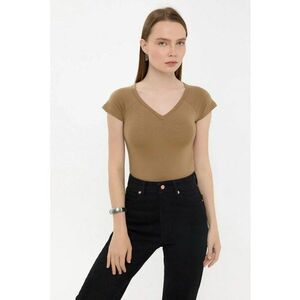 Tricou dama - basic - maneca scurta - decolteu in V - maro - bumbac imagine