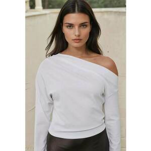 Bluza dama asimetrica - cu drapat - alb - poliester imagine