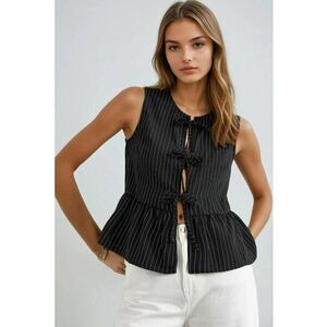 Bluza dama - fara maneci - guler rotund - dungi - negru - poliester imagine
