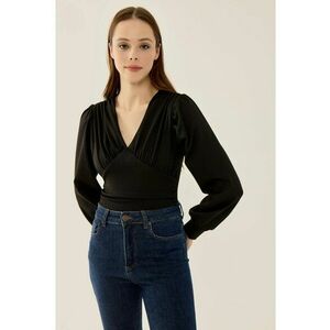 Body Slim Fit - decolteu in V - maneci balon - negru - poliester imagine