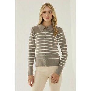 Cardigan dama cu guler camasa si fermoar - dungi - gri - acril imagine