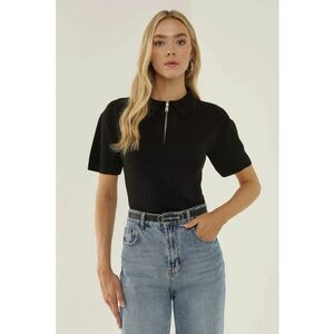 Pulover dama cu guler polo si fermoar - negru - acril/tricot imagine