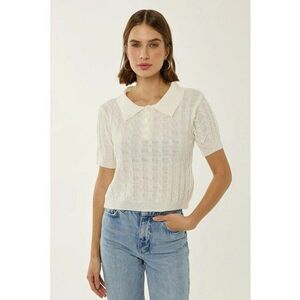 Top tricotat - guler de camasa - model impletituri - natural - acril imagine