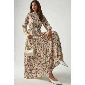 Rochie maxi - imprimeu - guler sofisticat - bej - viscoza imagine