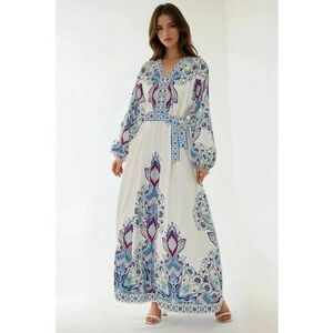 Rochie maxi - imprimeu - decolteu in V - multicolora - bumbac - poliester - lycra imagine