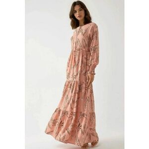 Rochie maxi - imprimeu frunze - roz - viscoza imagine
