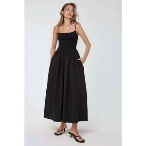Rochie maxi - forma de A - guler patrat - neagra - textil imagine