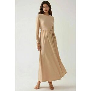 Rochie maxi - texturata - guler rotund - bej - jerseu imagine