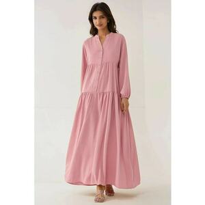 Rochie maxi decolteu in V - detaliu cu nasturi - roz - textil imagine