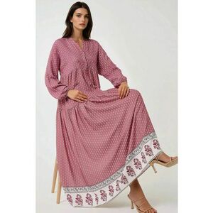 Rochie maxi - imprimeu - decolteu in V - roz - textil imagine
