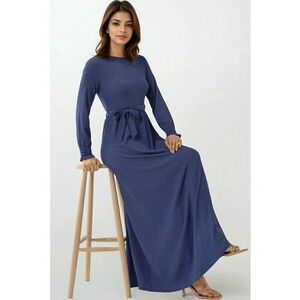 Rochie maxi - texturata - guler rotund - albastra - jerseu imagine