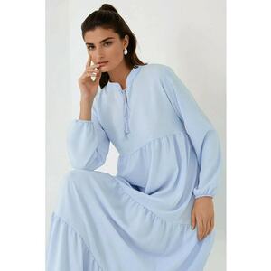 Rochie maxi texturata - guler rotund - maneci lungi - albastra - textil imagine
