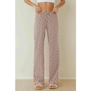 Pantaloni dama - largi cu imprimeu - roz - poliester-elastan imagine