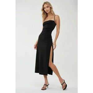 Rochie maxi - crapatura laterala - guler inima - negru - jerseu imagine